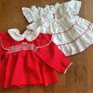 Lot Of 2 Vtg Baby Girl Infant Dress Top Easter Xmas Flower Polka Dot 6-9 Month